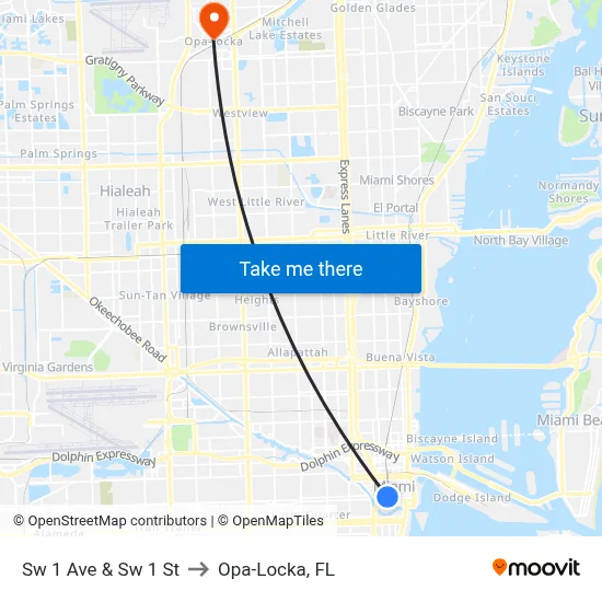 Sw 1 Ave & Sw 1 St to Opa-Locka, FL map
