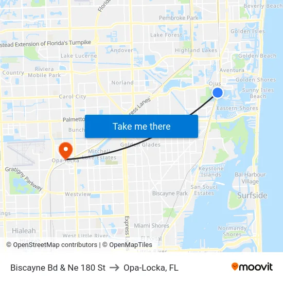 Biscayne Bd & Ne 180 St to Opa-Locka, FL map