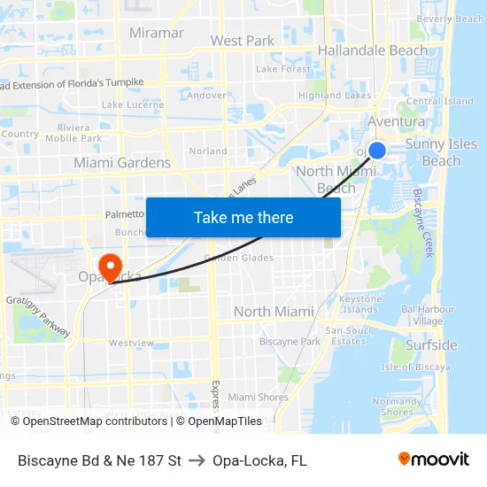 Biscayne Bd & Ne 187 St to Opa-Locka, FL map