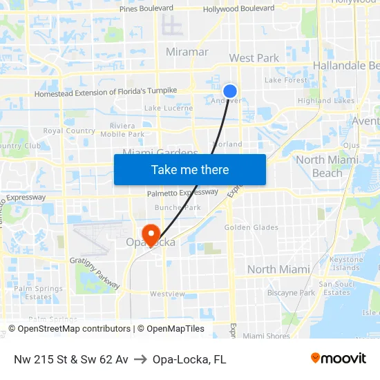 Nw 215 St & Sw 62 Av to Opa-Locka, FL map