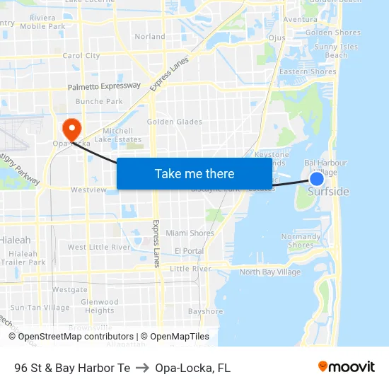 96 St & Bay Harbor Te to Opa-Locka, FL map