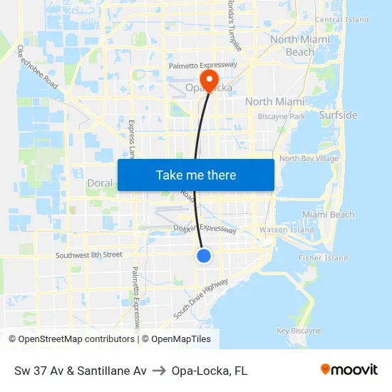 Sw 37 Av & Santillane Av to Opa-Locka, FL map