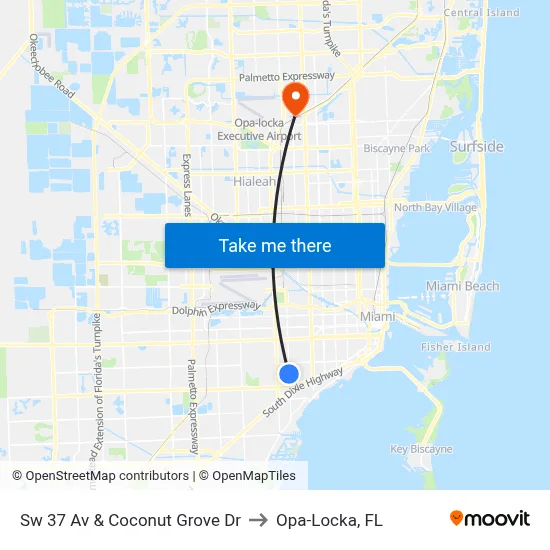 Sw 37 Av & Coconut Grove Dr to Opa-Locka, FL map