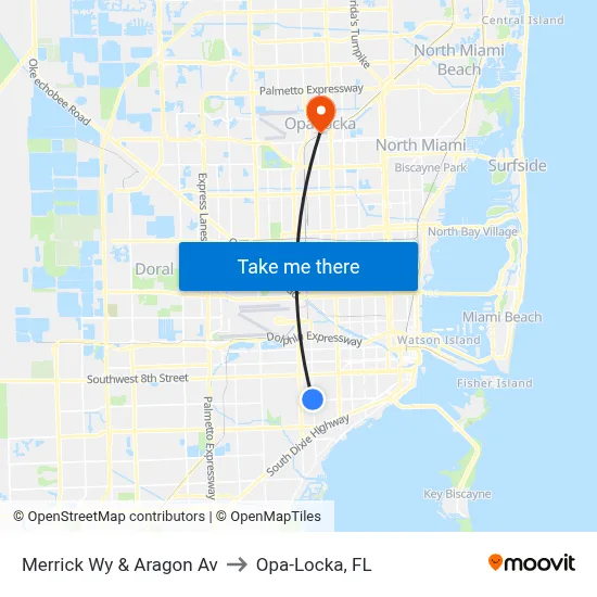 Merrick Wy & Aragon Av to Opa-Locka, FL map