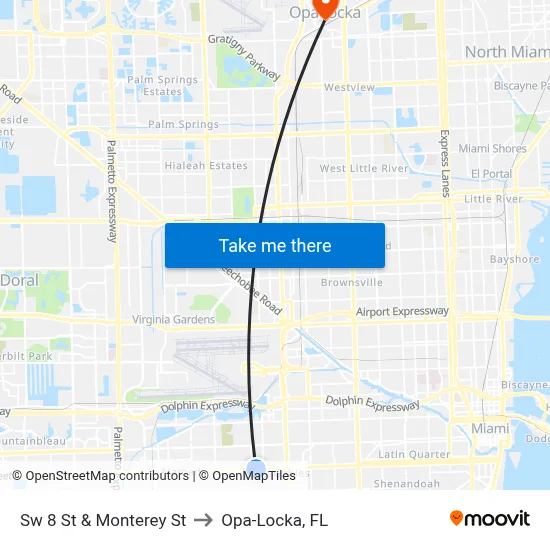 Sw 8 St & Monterey St to Opa-Locka, FL map