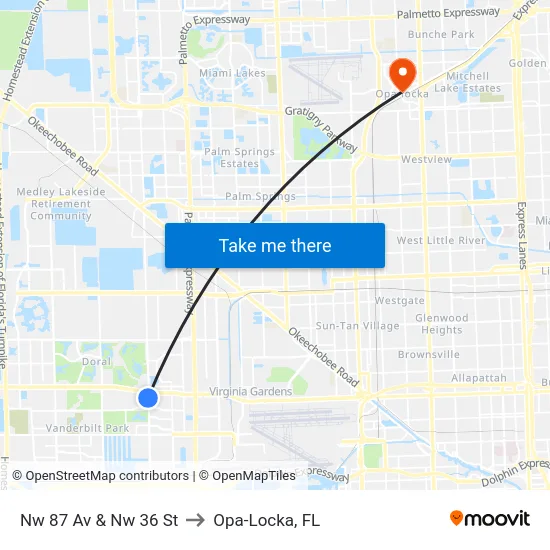 Nw 87 Av & Nw 36 St to Opa-Locka, FL map