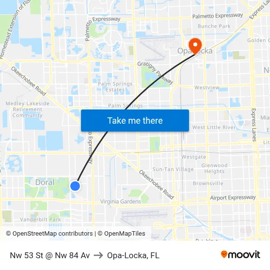 Nw 53 St @ Nw 84 Av to Opa-Locka, FL map