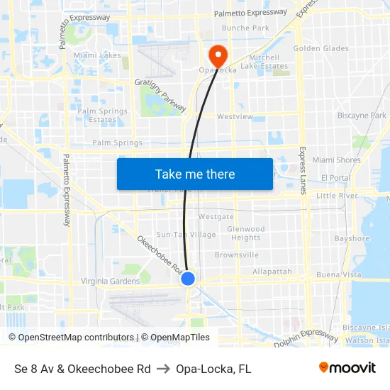Se 8 Av & Okeechobee Rd to Opa-Locka, FL map