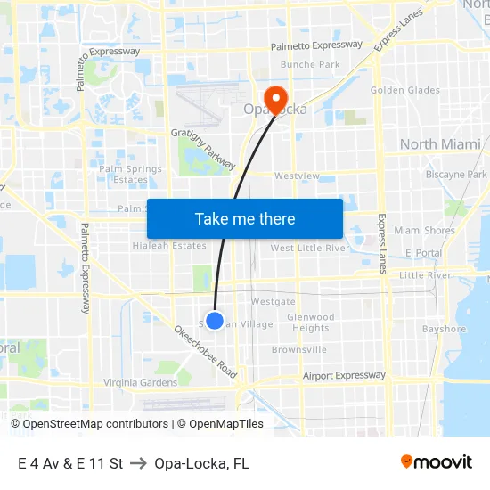 E 4 Av & E 11 St to Opa-Locka, FL map