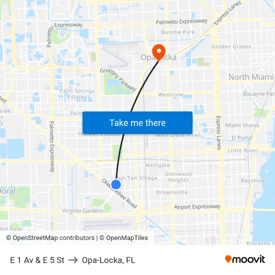 E 1 Av & E 5 St to Opa-Locka, FL map