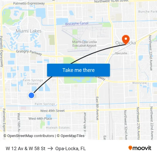 W 12 Av & W 58 St to Opa-Locka, FL map