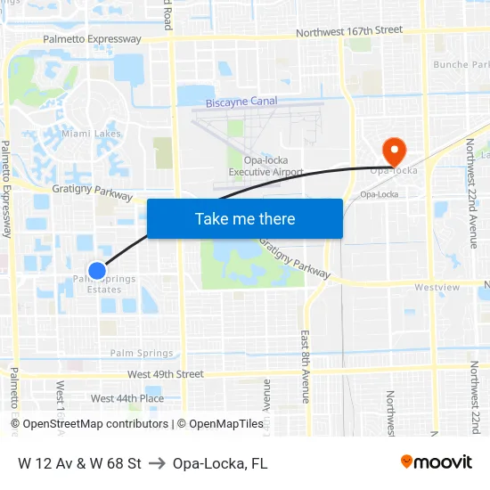 W 12 Av & W 68 St to Opa-Locka, FL map