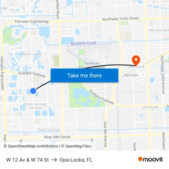 W 12 Av & W 74 St to Opa-Locka, FL map