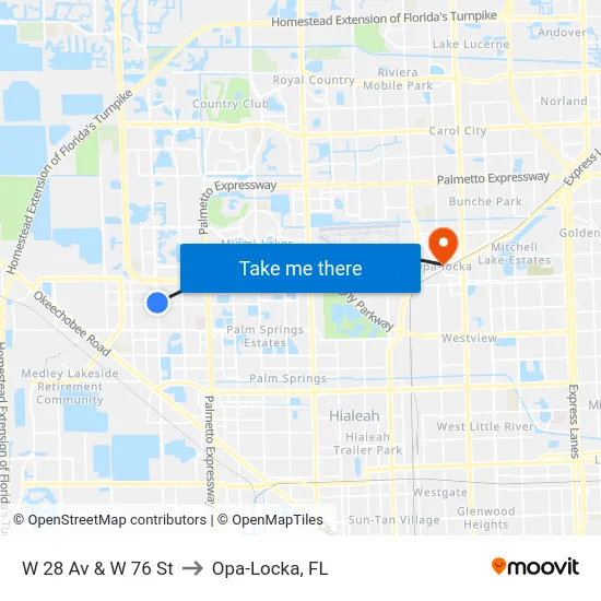 W 28 Av & W 76 St to Opa-Locka, FL map