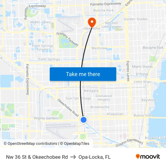 Nw 36 St & Okeechobee Rd to Opa-Locka, FL map
