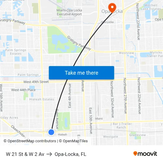W 21 St & W 2 Av to Opa-Locka, FL map