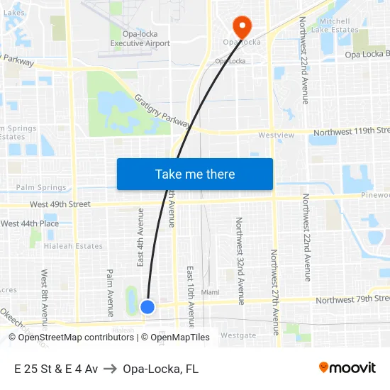E 25 St & E 4 Av to Opa-Locka, FL map