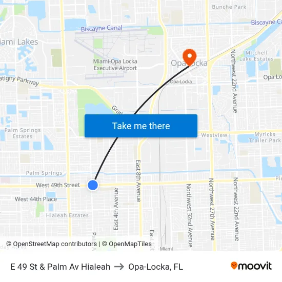 E 49 St & Palm Av Hialeah to Opa-Locka, FL map