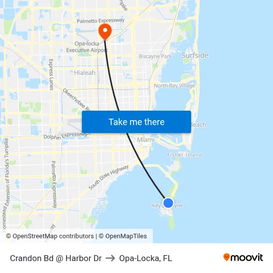 Crandon Bd @ Harbor Dr to Opa-Locka, FL map