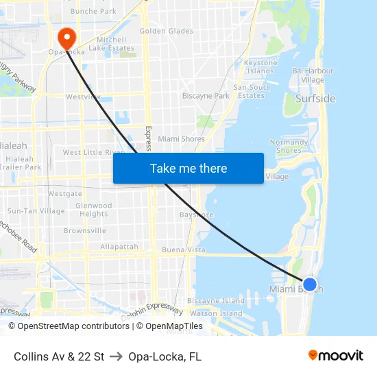 Collins Av & 22 St to Opa-Locka, FL map