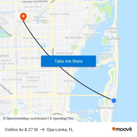 Collins Av & 27 St to Opa-Locka, FL map