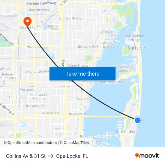 Collins Av & 31 St to Opa-Locka, FL map
