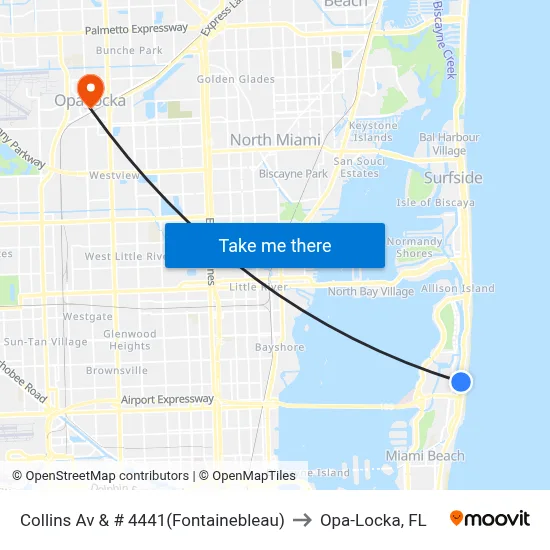 Collins Av & # 4441(Fontainebleau) to Opa-Locka, FL map