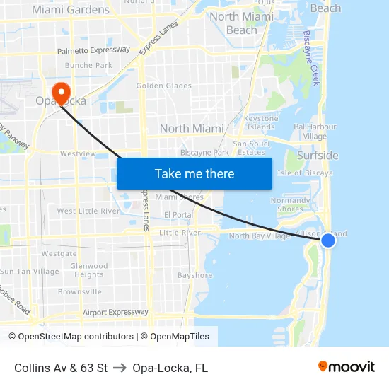 Collins Av & 63 St to Opa-Locka, FL map