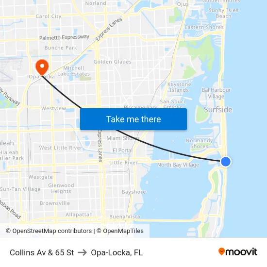 Collins Av & 65 St to Opa-Locka, FL map
