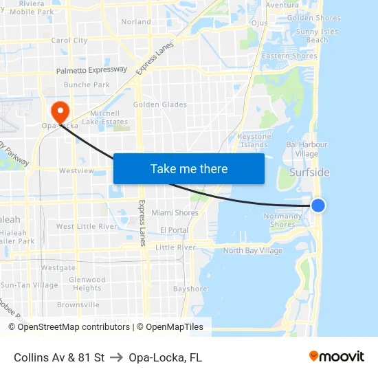 Collins Av & 81 St to Opa-Locka, FL map