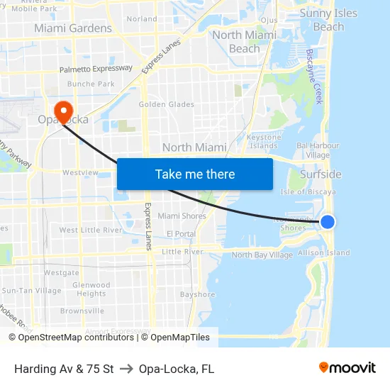 Harding Av & 75 St to Opa-Locka, FL map