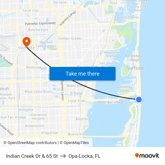 Indian Creek Dr & 65 St to Opa-Locka, FL map