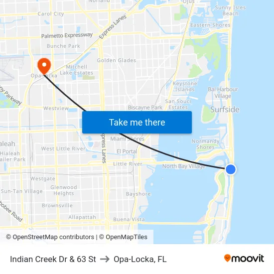 Indian Creek Dr & 63 St to Opa-Locka, FL map