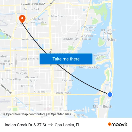 Indian Creek Dr & 37 St to Opa-Locka, FL map