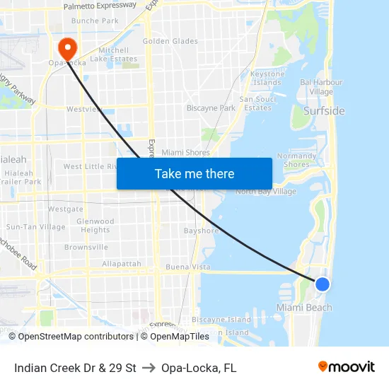Indian Creek Dr & 29 St to Opa-Locka, FL map