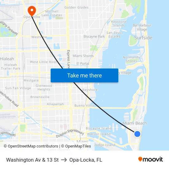 Washington Av & 13 St to Opa-Locka, FL map