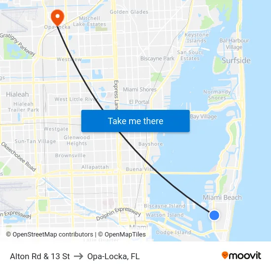 Alton Rd & 13 St to Opa-Locka, FL map