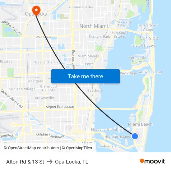 Alton Rd & 13 St to Opa-Locka, FL map