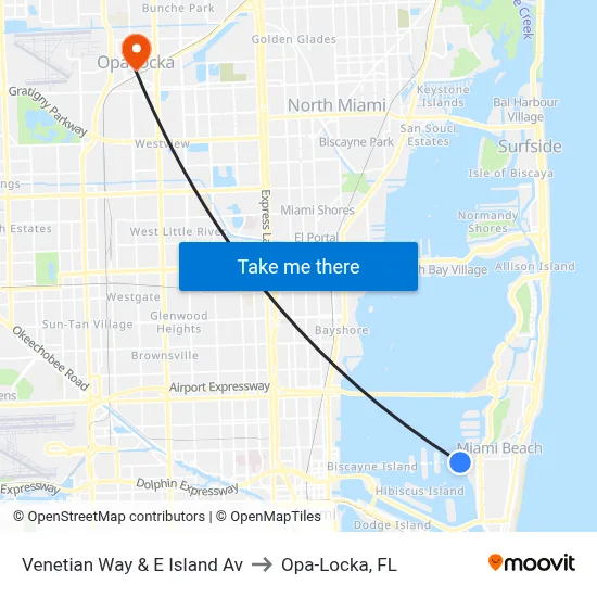 Venetian Way & E Island Av to Opa-Locka, FL map