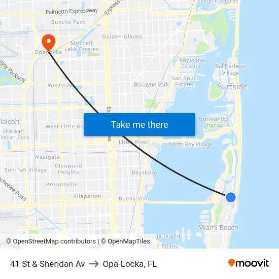 41 St & Sheridan Av to Opa-Locka, FL map