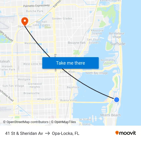 41 St & Sheridan Av to Opa-Locka, FL map