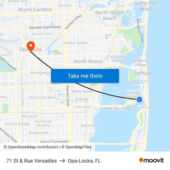 71 St & Rue Versailles to Opa-Locka, FL map
