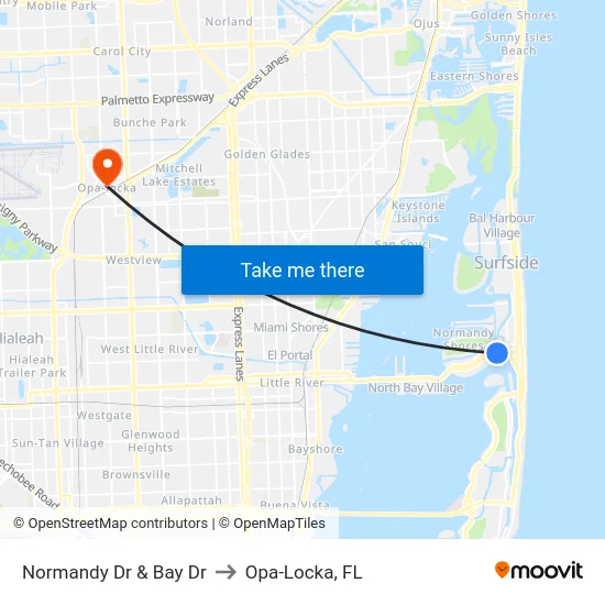 Normandy Dr & Bay Dr to Opa-Locka, FL map