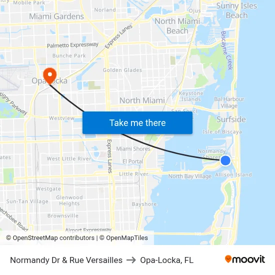 Normandy Dr & Rue Versailles to Opa-Locka, FL map