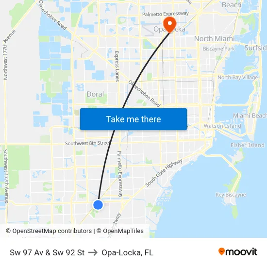 Sw 97 Av & Sw 92 St to Opa-Locka, FL map