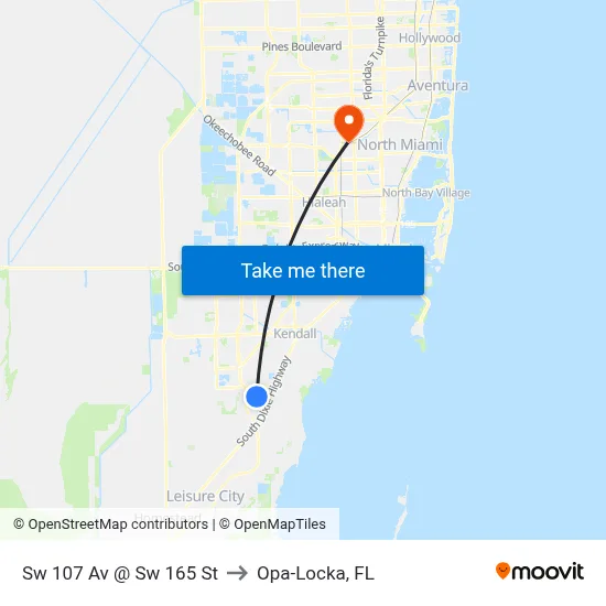 Sw 107 Av @ Sw 165 St to Opa-Locka, FL map