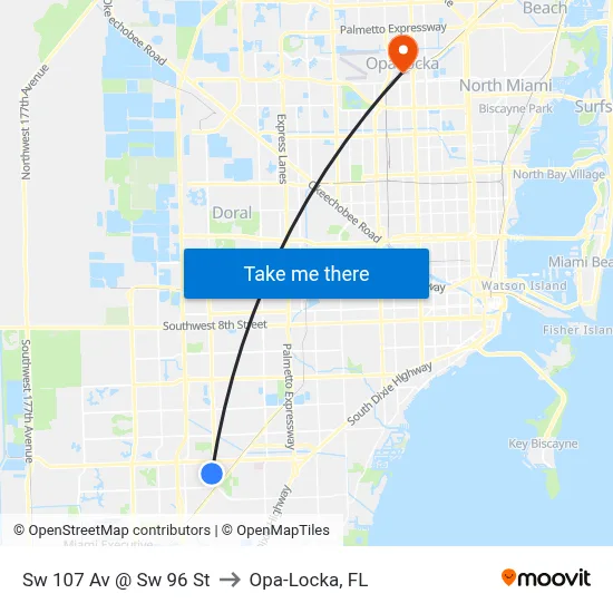 Sw 107 Av @ Sw 96 St to Opa-Locka, FL map