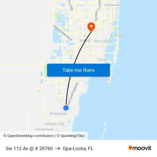 Sw 112 Av @ # 20760 to Opa-Locka, FL map
