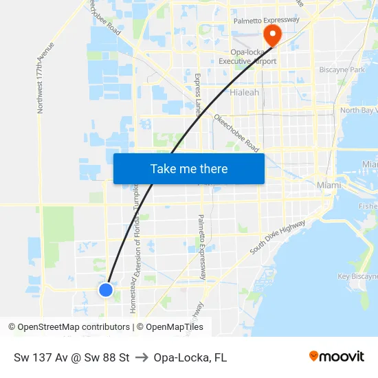 Sw 137 Av @ Sw 88 St to Opa-Locka, FL map