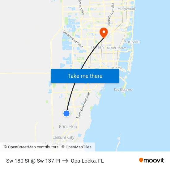 Sw 180 St @ Sw 137 Pl to Opa-Locka, FL map